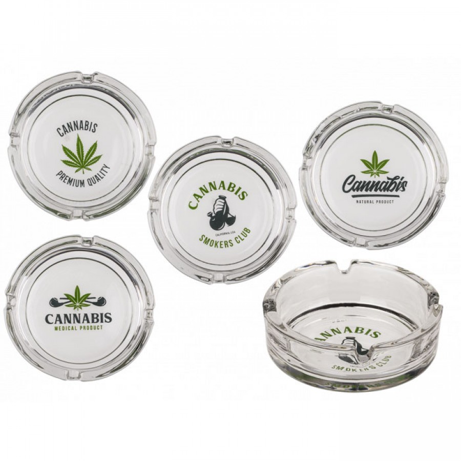 Glass ashtray - cannabis leaf - 4 assorted designs Ø10.5cm - PU: